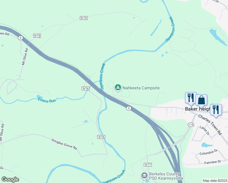 map of restaurants, bars, coffee shops, grocery stores, and more near 1435 Charles Town Road in Martinsburg