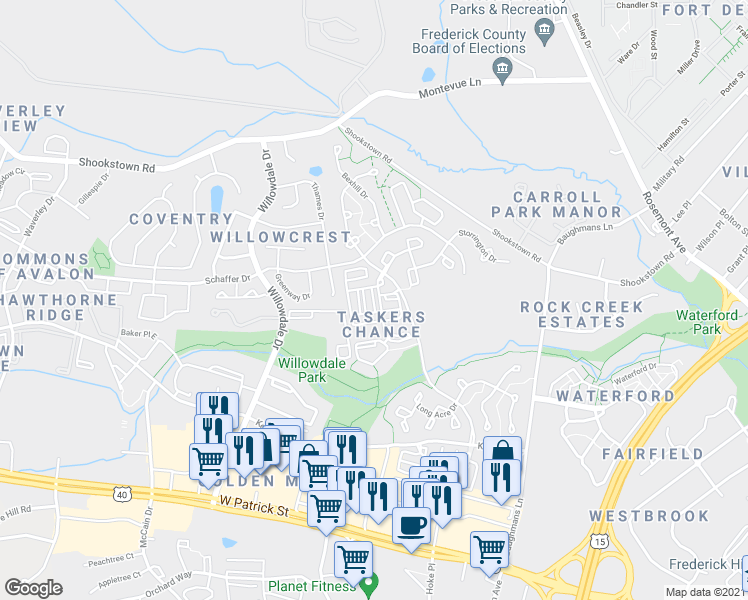 map of restaurants, bars, coffee shops, grocery stores, and more near Barnham Way in Frederick