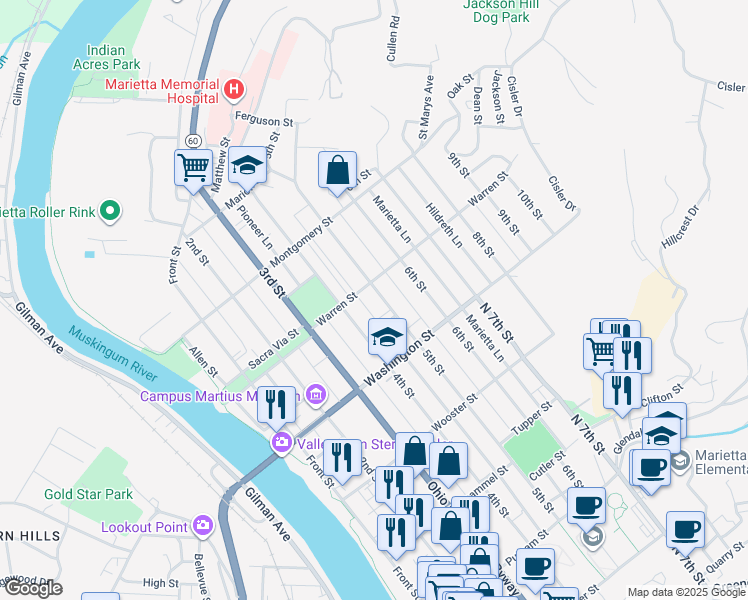 map of restaurants, bars, coffee shops, grocery stores, and more near 624 4th Street in Marietta