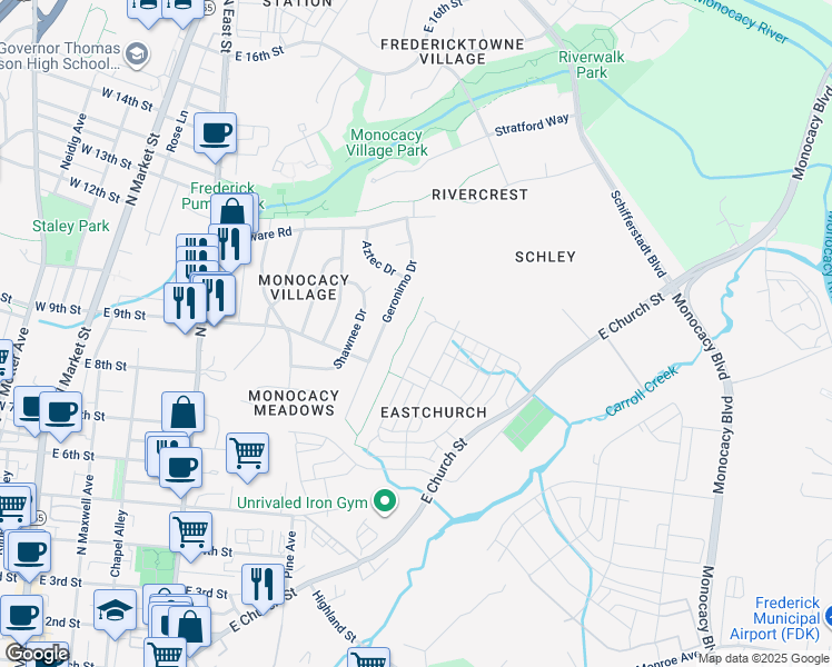 map of restaurants, bars, coffee shops, grocery stores, and more near 812 Holden Road in Frederick