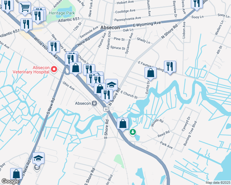 map of restaurants, bars, coffee shops, grocery stores, and more near 57 North Shore Road in Absecon