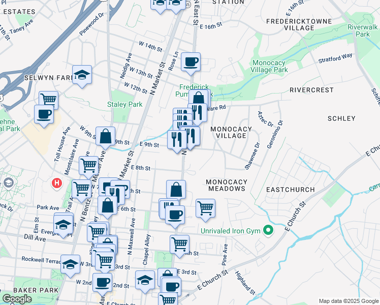 map of restaurants, bars, coffee shops, grocery stores, and more near 880 North East Street in Frederick