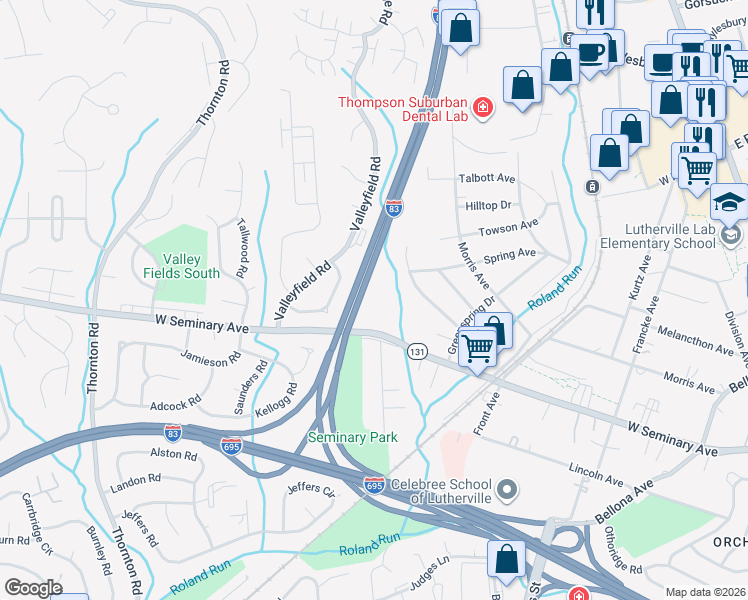 map of restaurants, bars, coffee shops, grocery stores, and more near 803 Roundtop Court in Timonium