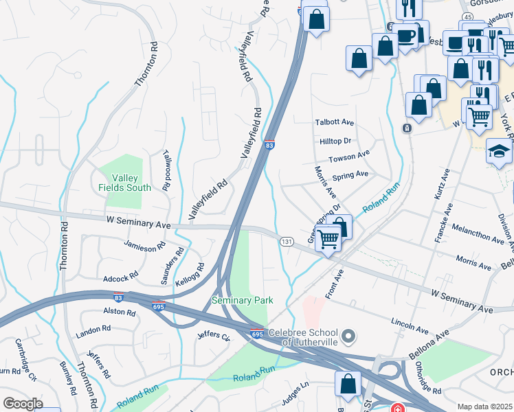 map of restaurants, bars, coffee shops, grocery stores, and more near 803 Round Top Court in Lutherville-Timonium