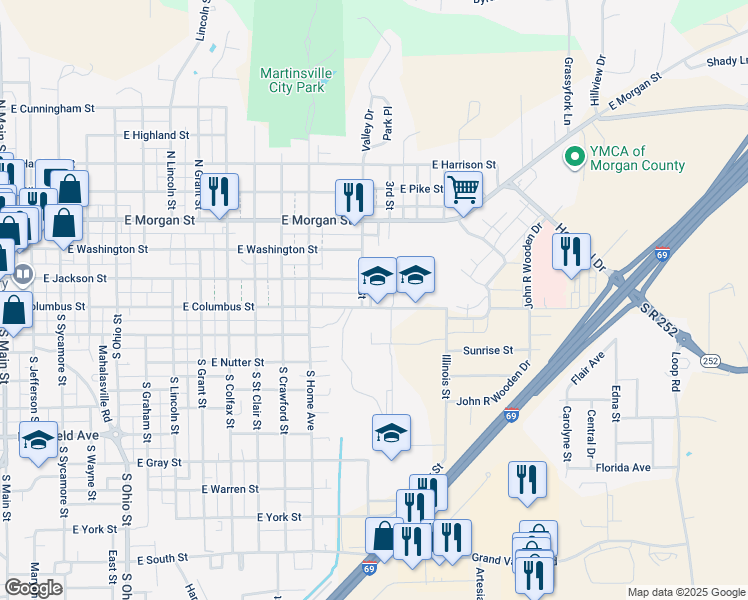 map of restaurants, bars, coffee shops, grocery stores, and more near 1359 East Columbus Street in Martinsville