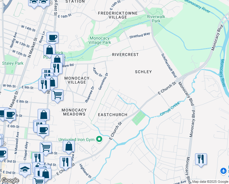 map of restaurants, bars, coffee shops, grocery stores, and more near 803 Holden Road in Frederick