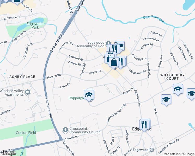 map of restaurants, bars, coffee shops, grocery stores, and more near 2020 Hanson Road in Edgewood