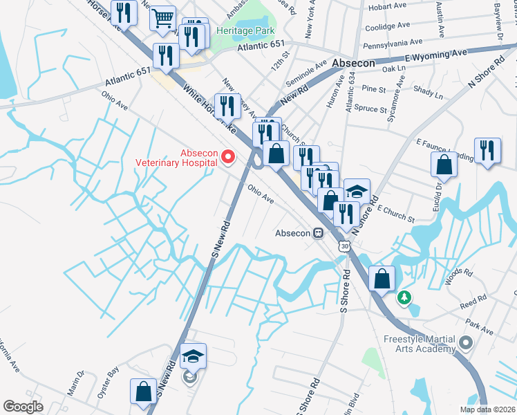 map of restaurants, bars, coffee shops, grocery stores, and more near 230 Showellton Avenue in Absecon