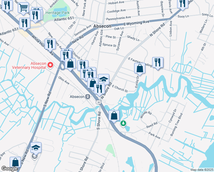 map of restaurants, bars, coffee shops, grocery stores, and more near 57 North Shore Road in Absecon