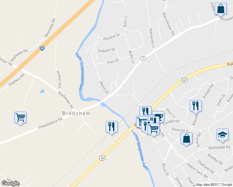 map of restaurants, bars, coffee shops, grocery stores, and more near 101 Philadelphia Road in Harford County