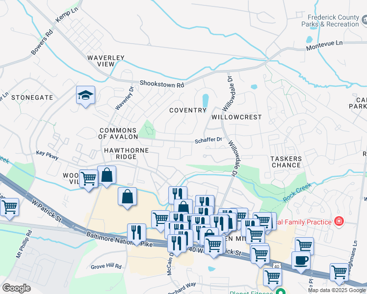 map of restaurants, bars, coffee shops, grocery stores, and more near 28 Victoria Square in Frederick