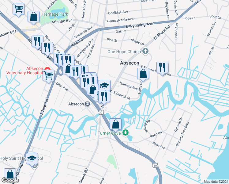 map of restaurants, bars, coffee shops, grocery stores, and more near 116 North Shore Road in Absecon