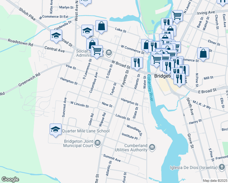 map of restaurants, bars, coffee shops, grocery stores, and more near 33 Taylor Street in Bridgeton