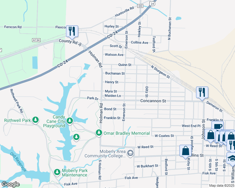 map of restaurants, bars, coffee shops, grocery stores, and more near 800-898 Calhoun Street in Moberly