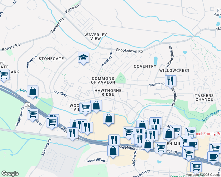 map of restaurants, bars, coffee shops, grocery stores, and more near 192 Key Parkway in Frederick