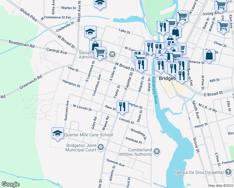 map of restaurants, bars, coffee shops, grocery stores, and more near 33 Taylor Street in Bridgeton