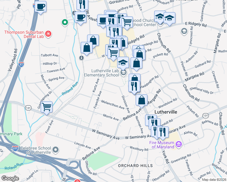 map of restaurants, bars, coffee shops, grocery stores, and more near 216 Spring Avenue in Timonium