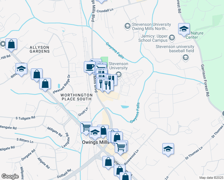 map of restaurants, bars, coffee shops, grocery stores, and more near 10945 Boulevard Circle in Owings Mills