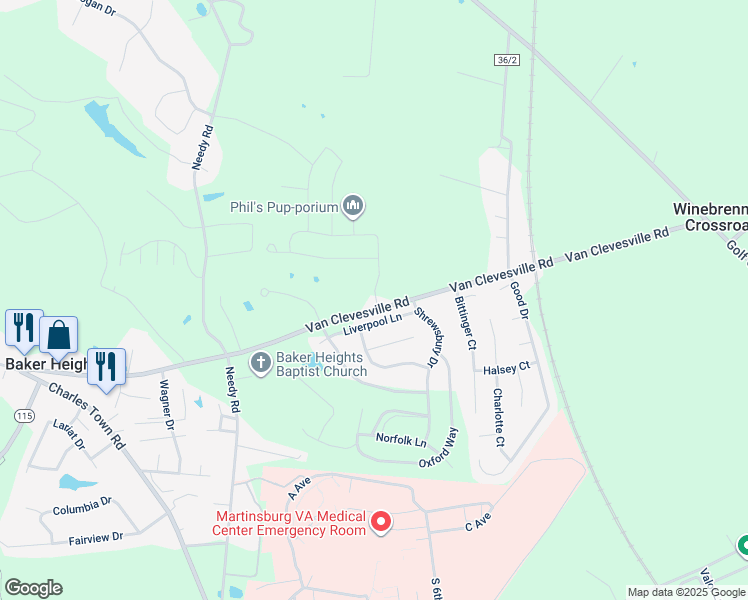 map of restaurants, bars, coffee shops, grocery stores, and more near 845 Van Clevesville Road in Martinsburg