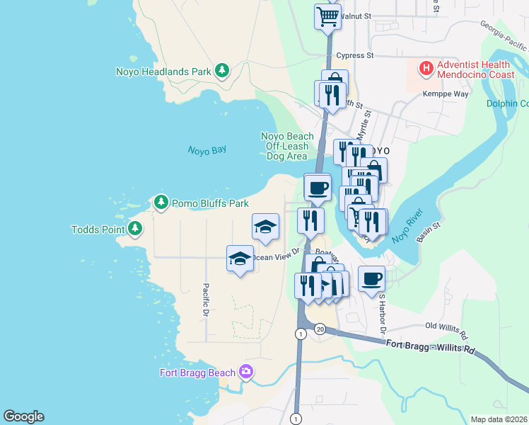 map of restaurants, bars, coffee shops, grocery stores, and more near 19351 Del Mar Drive in Fort Bragg