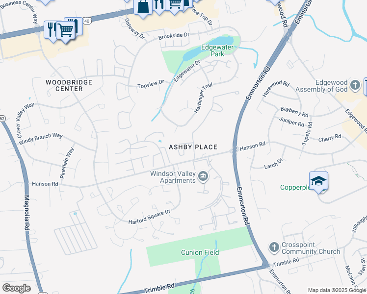map of restaurants, bars, coffee shops, grocery stores, and more near 1600 Ashby Square Drive in Edgewood