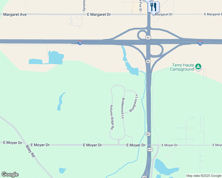 map of restaurants, bars, coffee shops, grocery stores, and more near 3301 Autumn Ridge Road in Terre Haute