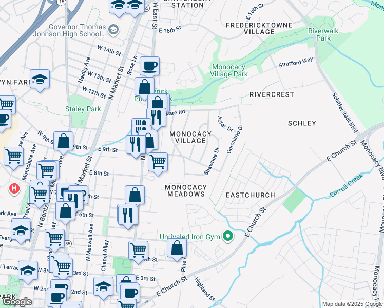 map of restaurants, bars, coffee shops, grocery stores, and more near 903 Seminole Road in Frederick