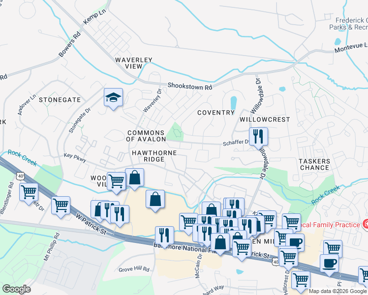 map of restaurants, bars, coffee shops, grocery stores, and more near 1323 Hampshire Drive in Frederick