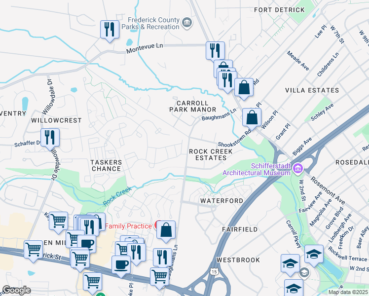 map of restaurants, bars, coffee shops, grocery stores, and more near 205 Baughmans Lane in Frederick