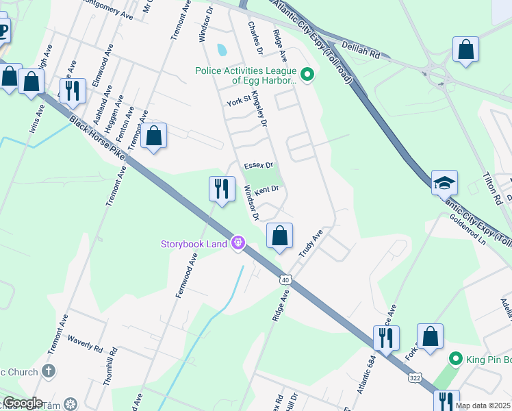 map of restaurants, bars, coffee shops, grocery stores, and more near 12 Kent Drive in Egg Harbor Township