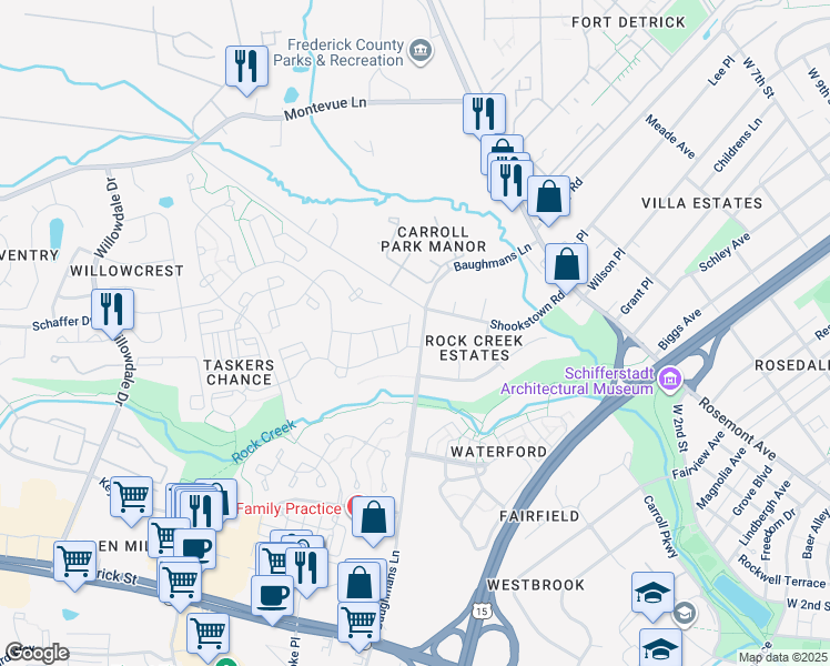 map of restaurants, bars, coffee shops, grocery stores, and more near 205 Baughmans Lane in Frederick
