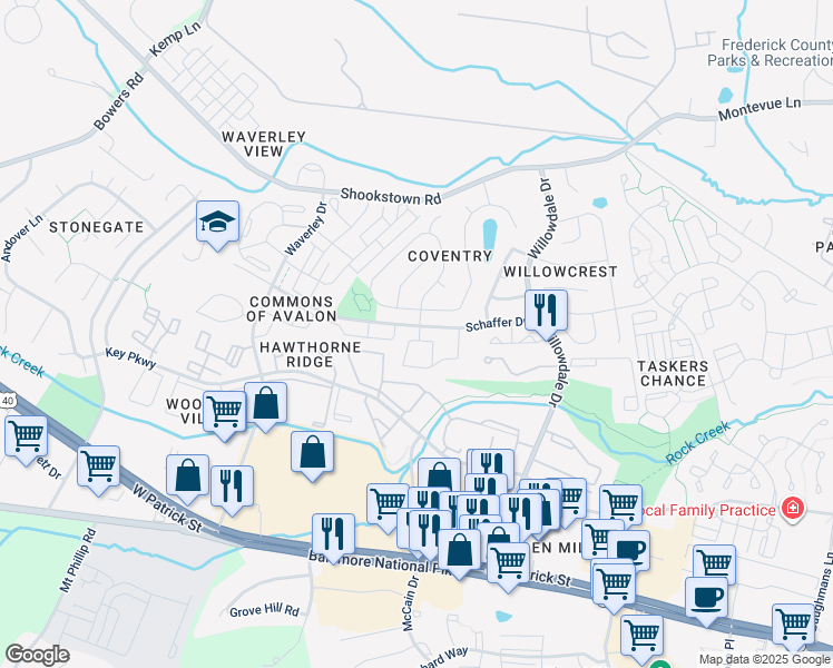 map of restaurants, bars, coffee shops, grocery stores, and more near 12 Victoria Square in Frederick