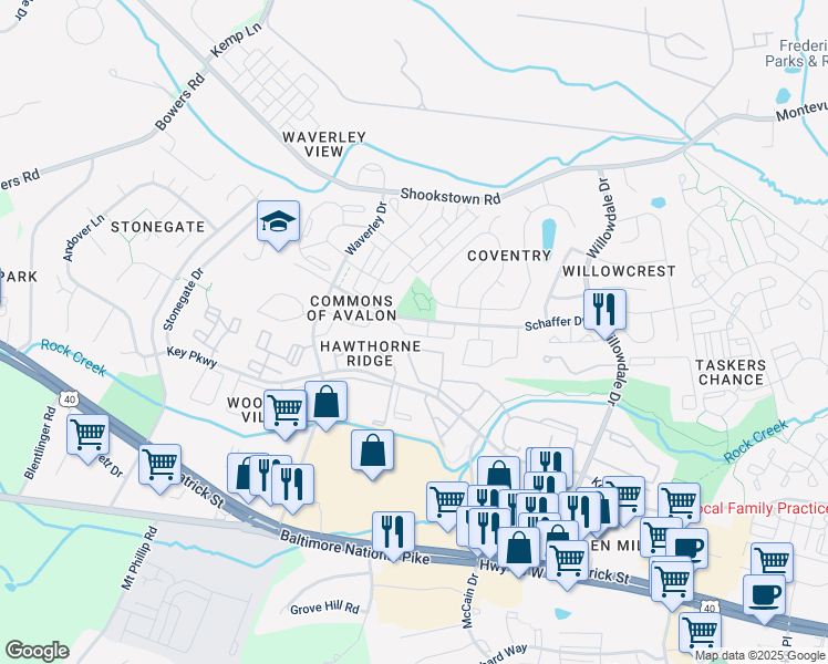 map of restaurants, bars, coffee shops, grocery stores, and more near 1339 Hampshire Drive in Frederick