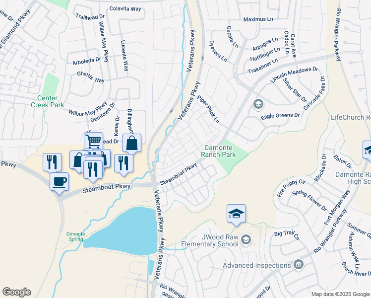 map of restaurants, bars, coffee shops, grocery stores, and more near 1851 Steamboat Parkway in Reno