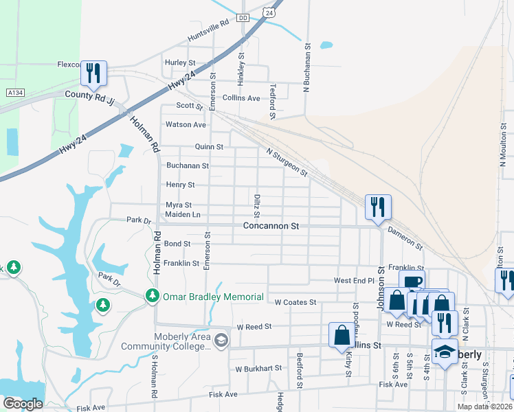 map of restaurants, bars, coffee shops, grocery stores, and more near 800 Diltz Street in Moberly