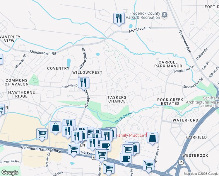 map of restaurants, bars, coffee shops, grocery stores, and more near 115 Whitestone Way in Frederick
