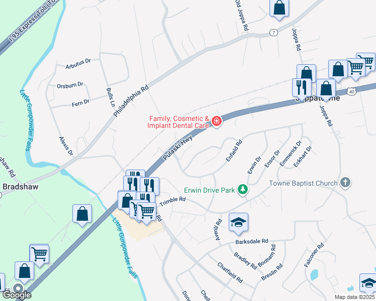 map of restaurants, bars, coffee shops, grocery stores, and more near 345 Tumblers Way in Joppatowne