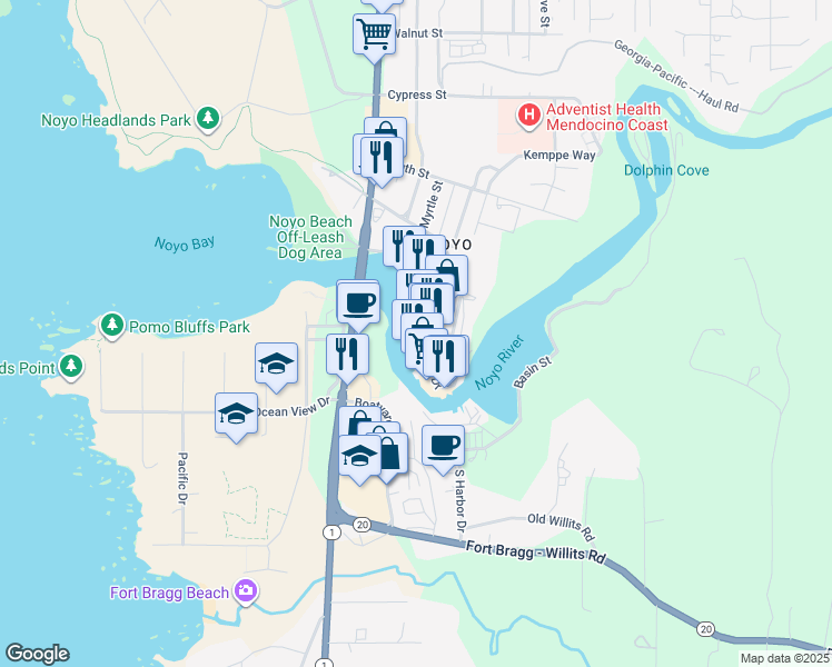 map of restaurants, bars, coffee shops, grocery stores, and more near 32330 North Harbor Drive in Fort Bragg