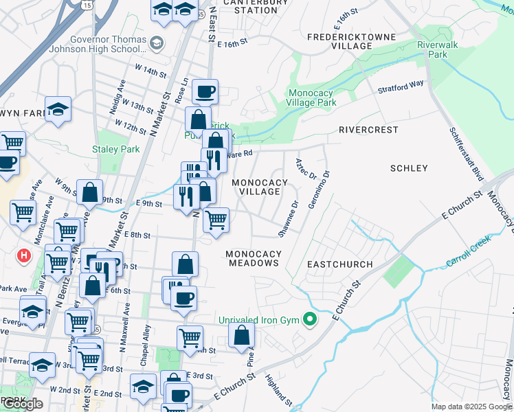 map of restaurants, bars, coffee shops, grocery stores, and more near 903 Seminole Road in Frederick
