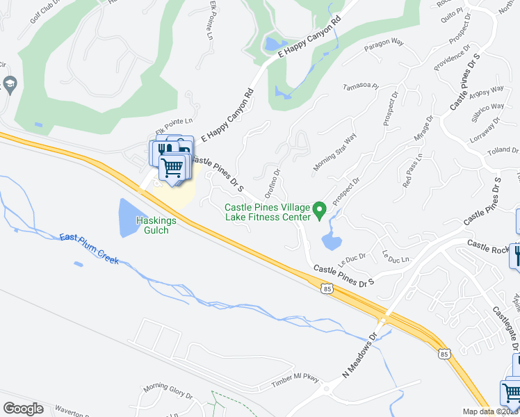 map of restaurants, bars, coffee shops, grocery stores, and more near Carbonate Way in Castle Rock