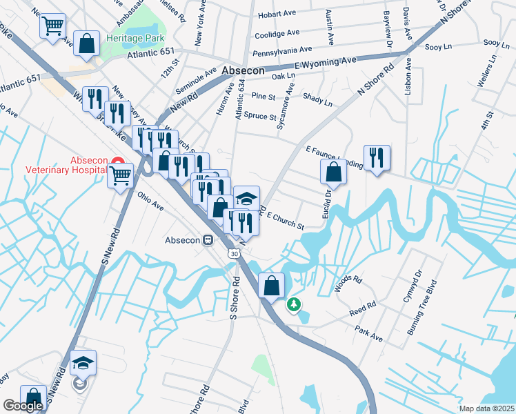 map of restaurants, bars, coffee shops, grocery stores, and more near 17 West Church Street in Absecon