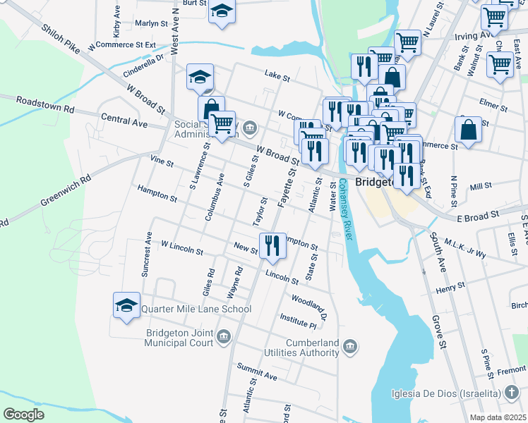 map of restaurants, bars, coffee shops, grocery stores, and more near 116 Vine Street in Bridgeton