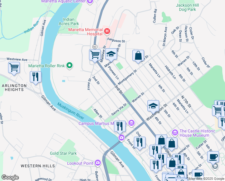 map of restaurants, bars, coffee shops, grocery stores, and more near 801 3rd Street in Marietta
