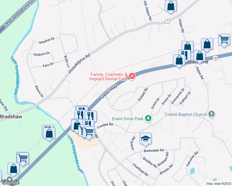 map of restaurants, bars, coffee shops, grocery stores, and more near in Joppatowne