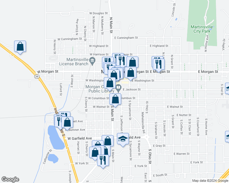 map of restaurants, bars, coffee shops, grocery stores, and more near 127 South Main Street in Martinsville