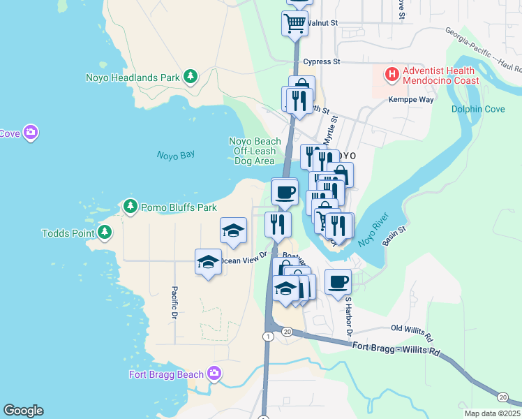 map of restaurants, bars, coffee shops, grocery stores, and more near in Fort Bragg