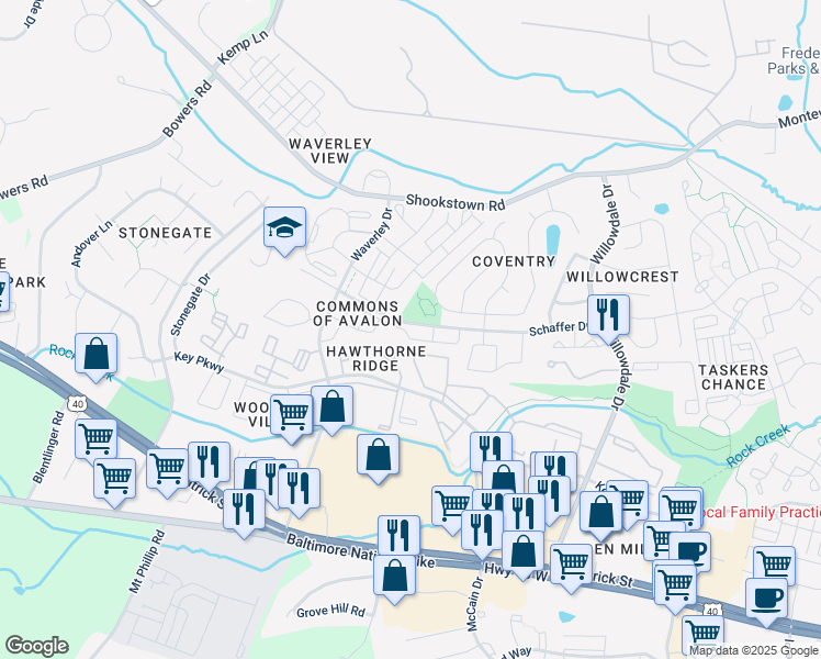 map of restaurants, bars, coffee shops, grocery stores, and more near 1369 Hampshire Drive in Frederick