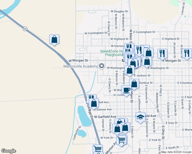 map of restaurants, bars, coffee shops, grocery stores, and more near 108 South West Street in Martinsville