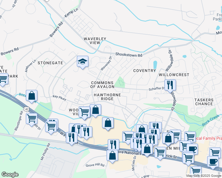 map of restaurants, bars, coffee shops, grocery stores, and more near 1384 Hampshire Drive in Frederick