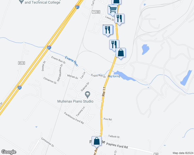 map of restaurants, bars, coffee shops, grocery stores, and more near 115 Evans Run Drive in Martinsburg